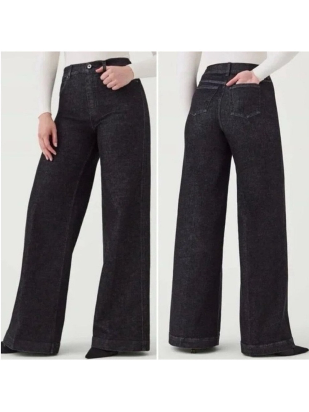 Spanx Wide Leg Black Gray Denim Pull On Hi Rise Trouser Jean Women Medium x 30.5